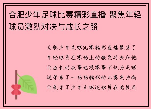 合肥少年足球比赛精彩直播 聚焦年轻球员激烈对决与成长之路